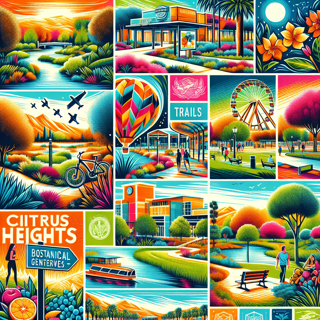 A vibrant collage depicting the diverse attractions of Citrus Heights, from lush botanical gardens to bustling shopping centers, showcasing the city's top sites for visitors.